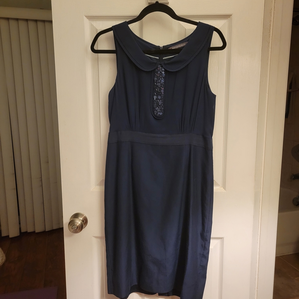 Boden Navy Blue Midi Dress with Embellished Neckline